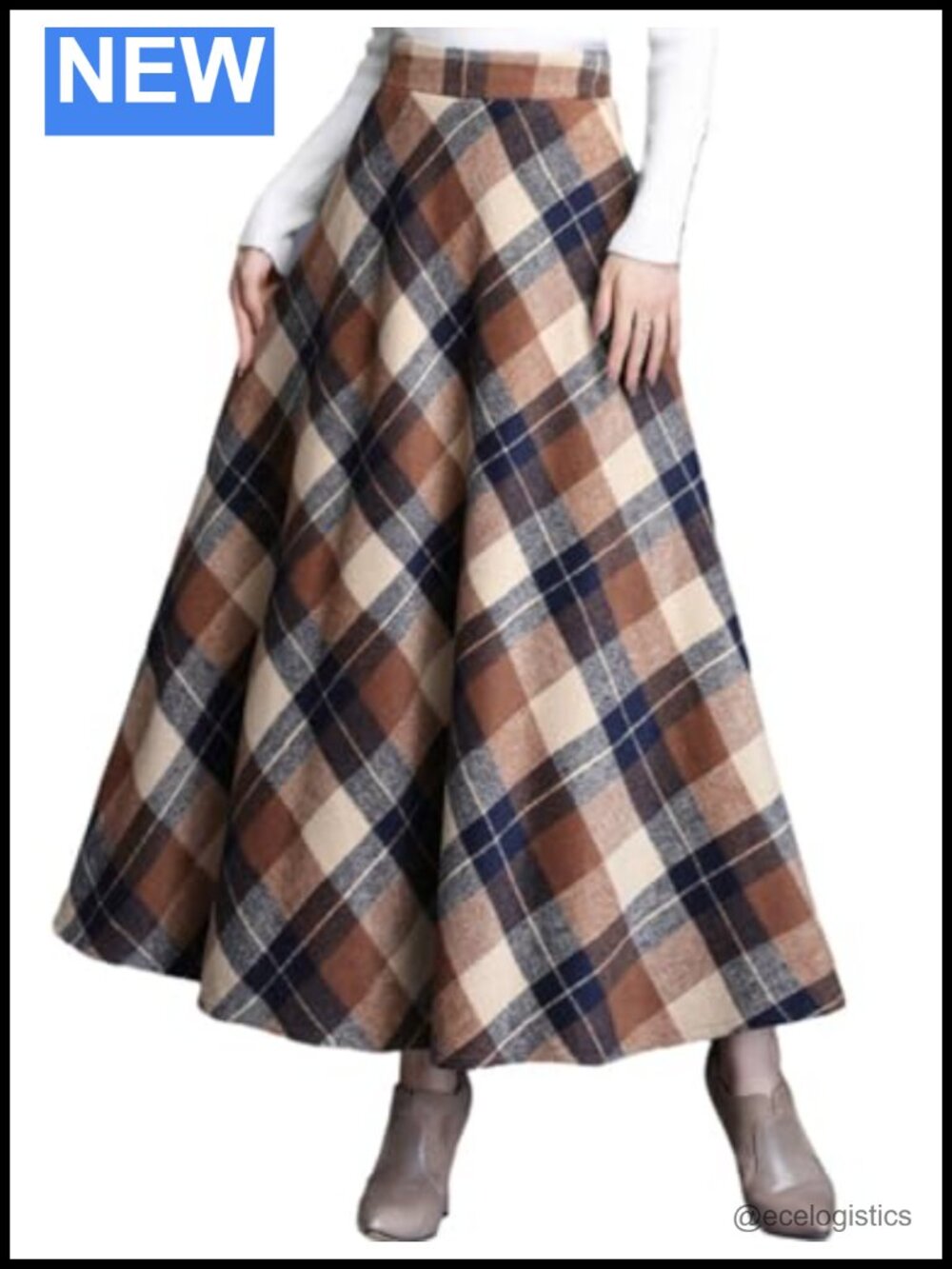 Women's Plaid Wool A-Line Maxi Skirt High Waist Side Pockets